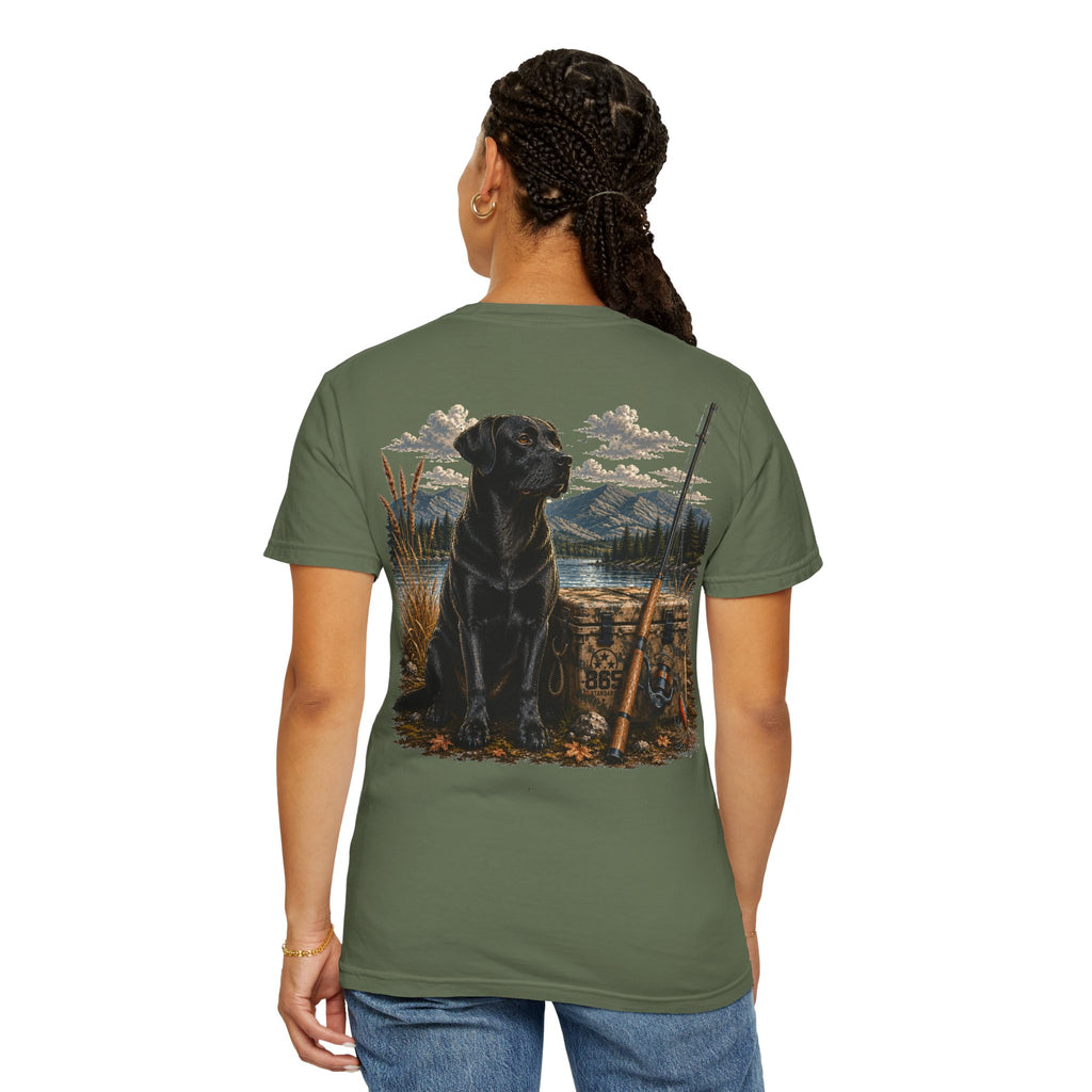 Black Lab Hunting T-Shirt — Retriever Dog & Rifle Outdoors Graphic
