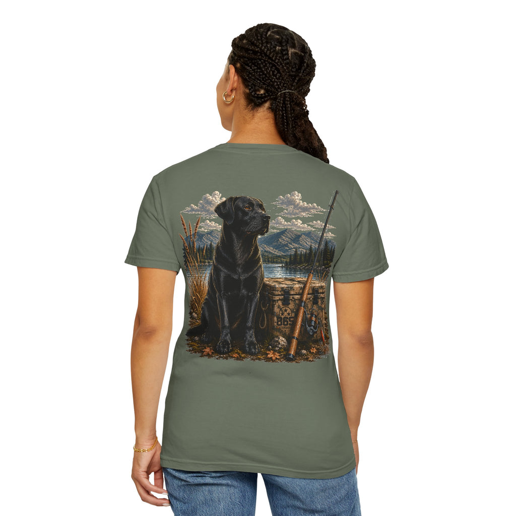 Black Lab Hunting T-Shirt — Retriever Dog & Rifle Outdoors Graphic