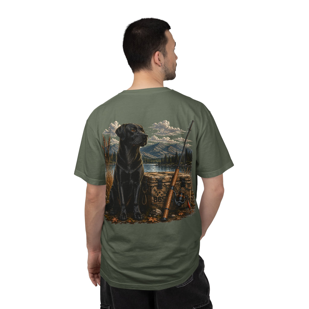 Black Lab Hunting T-Shirt — Retriever Dog & Rifle Outdoors Graphic