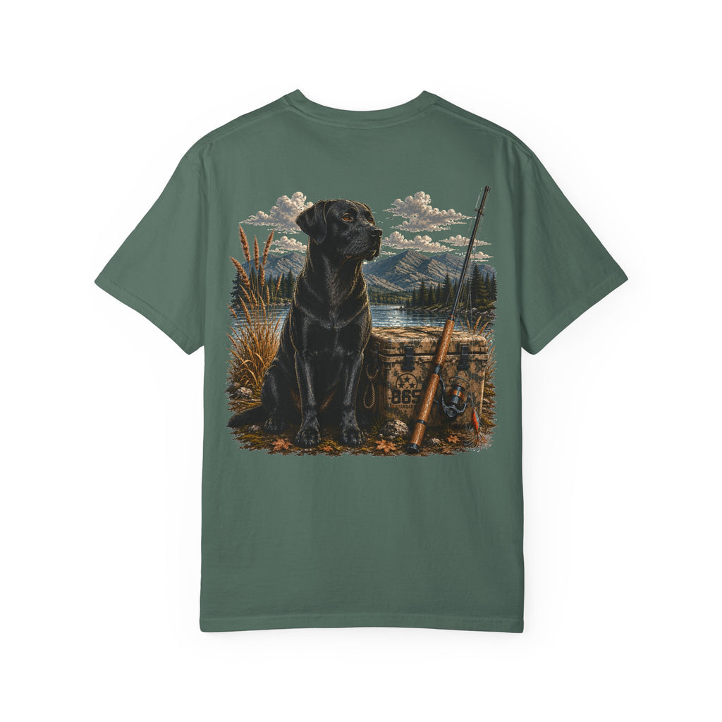 Black Lab Hunting T-Shirt — Retriever Dog & Rifle Outdoors Graphic