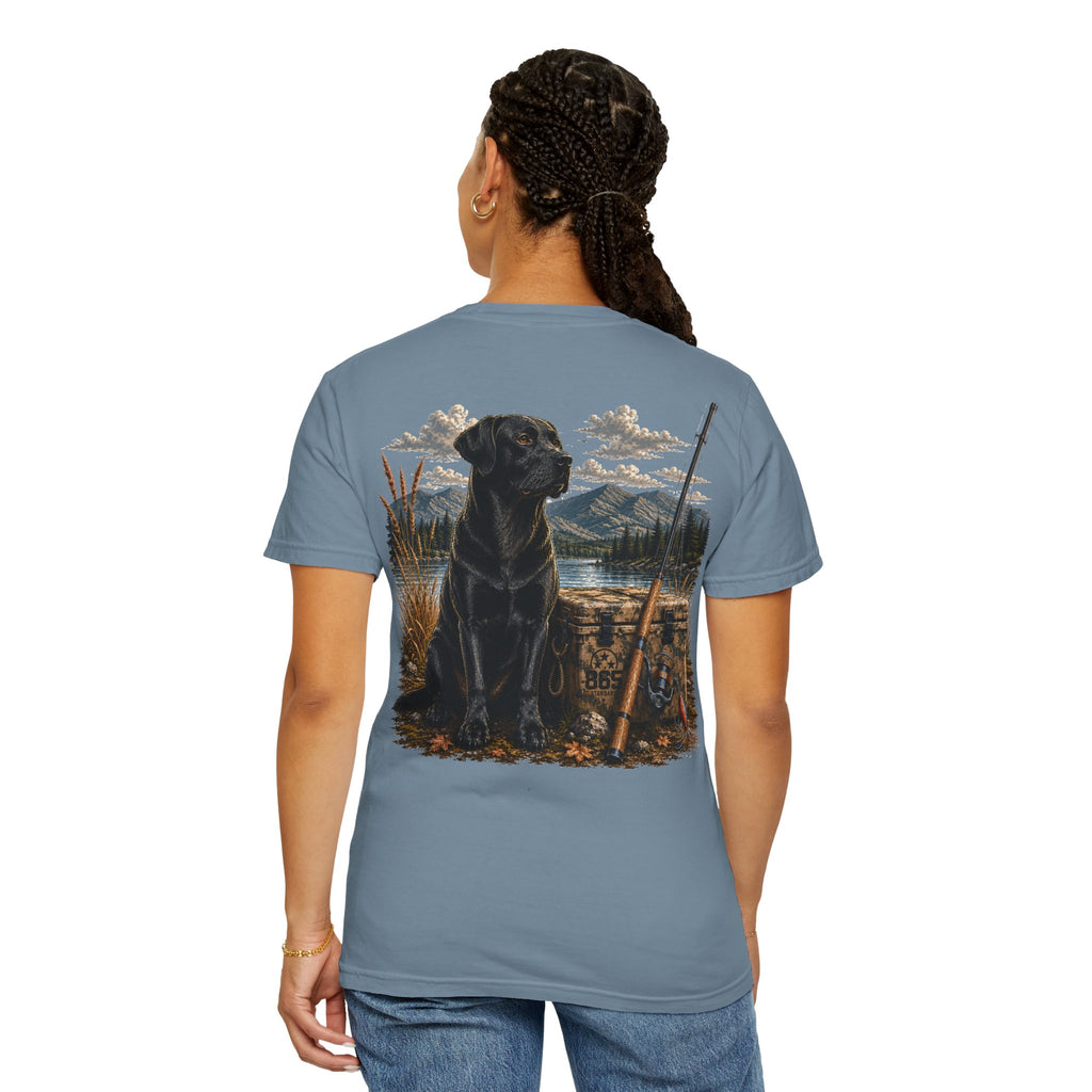 Black Lab Hunting T-Shirt — Retriever Dog & Rifle Outdoors Graphic