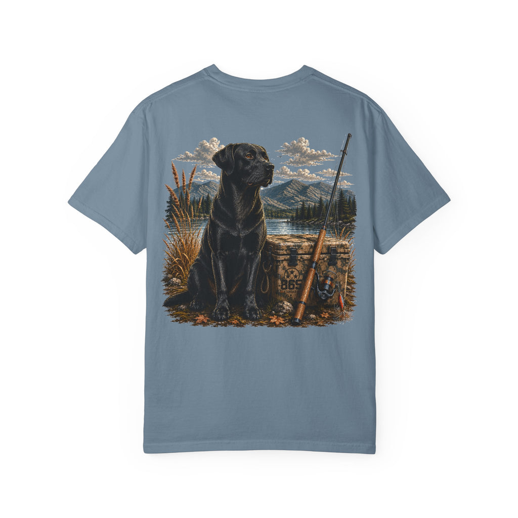 Black Lab Hunting T-Shirt — Retriever Dog & Rifle Outdoors Graphic