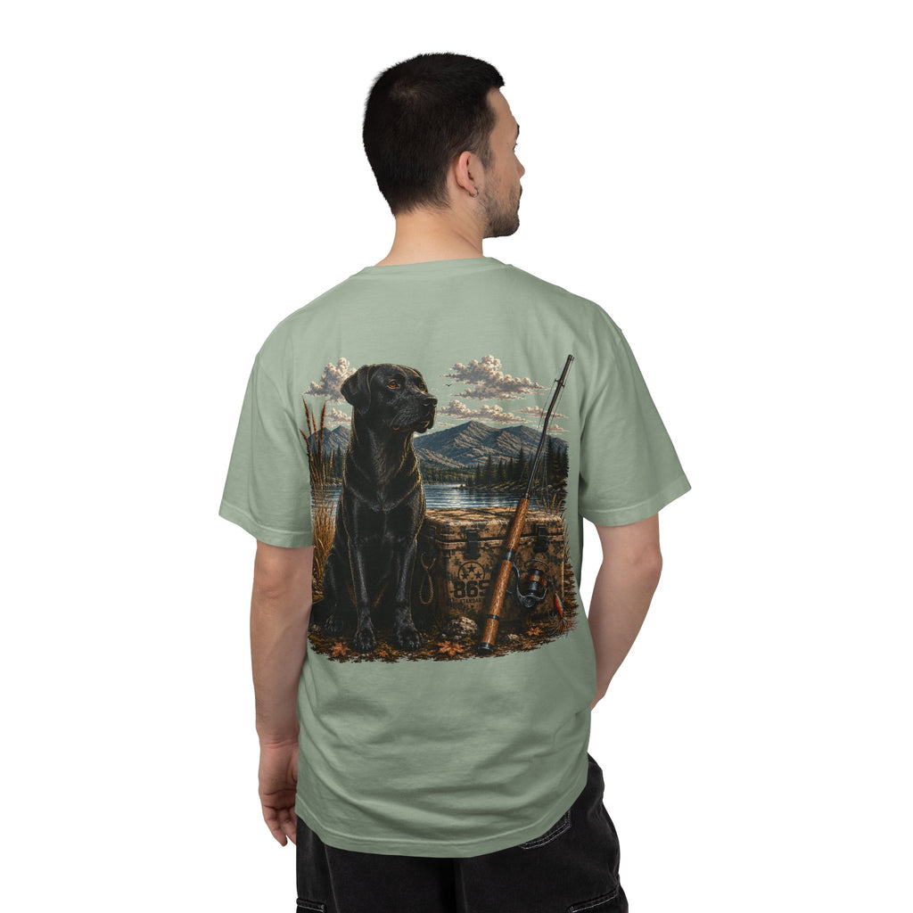 Black Lab Hunting T-Shirt — Retriever Dog & Rifle Outdoors Graphic