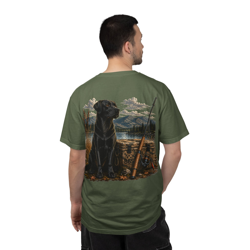 Black Lab Hunting T-Shirt — Retriever Dog & Rifle Outdoors Graphic