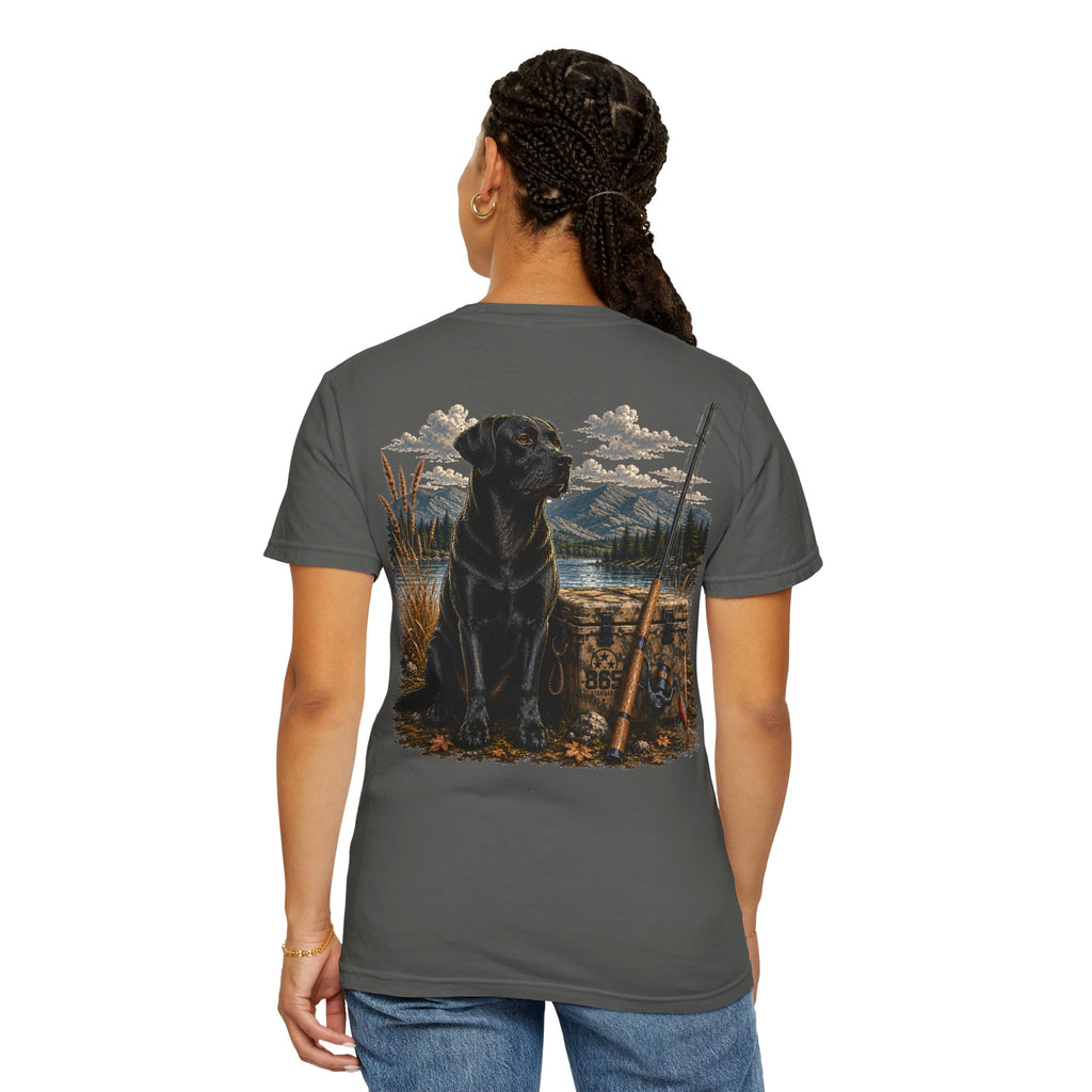 Black Lab Hunting T-Shirt — Retriever Dog & Rifle Outdoors Graphic