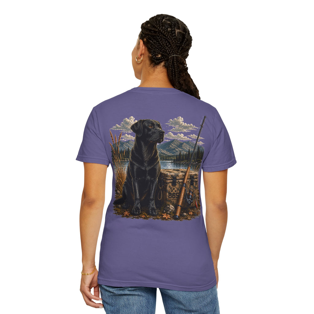 Black Lab Hunting T-Shirt — Retriever Dog & Rifle Outdoors Graphic