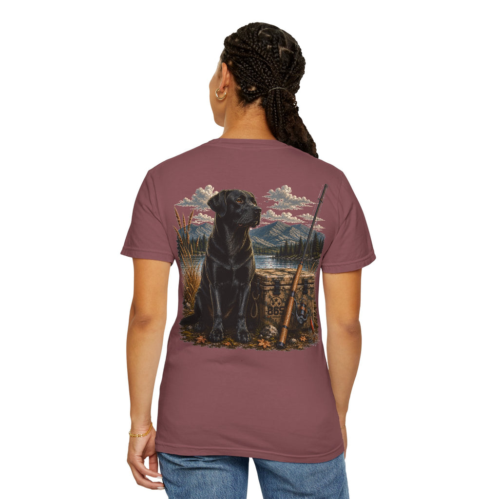 Black Lab Hunting T-Shirt — Retriever Dog & Rifle Outdoors Graphic
