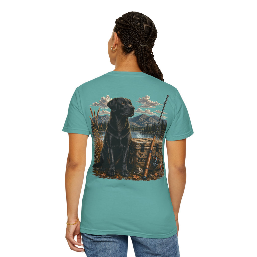 Black Lab Hunting T-Shirt — Retriever Dog & Rifle Outdoors Graphic