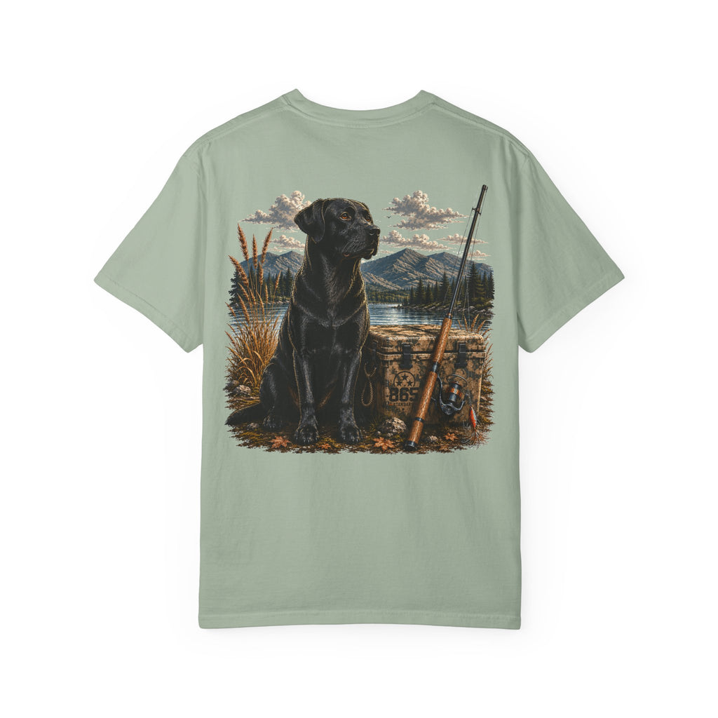 Black Lab Hunting T-Shirt — Retriever Dog & Rifle Outdoors Graphic