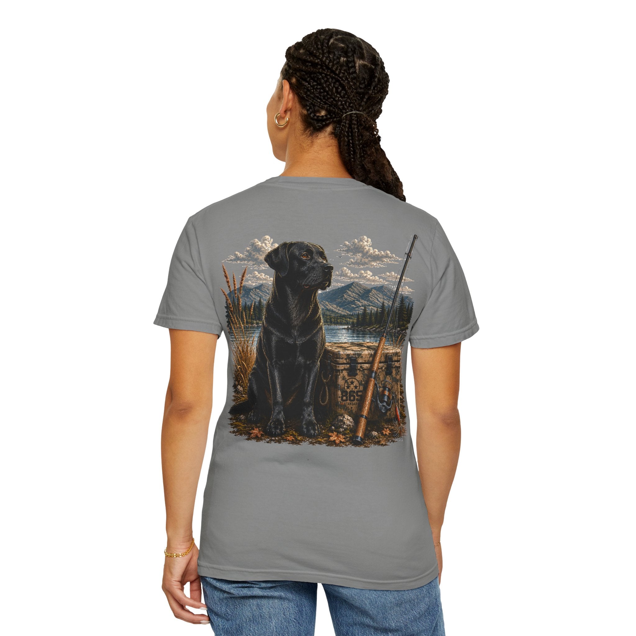Black Lab Hunting T-Shirt — Retriever Dog & Rifle Outdoors Graphic