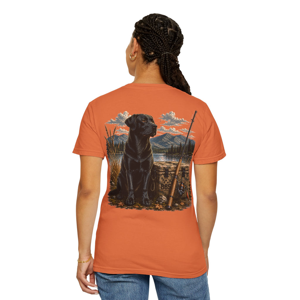 Black Lab Hunting T-Shirt — Retriever Dog & Rifle Outdoors Graphic