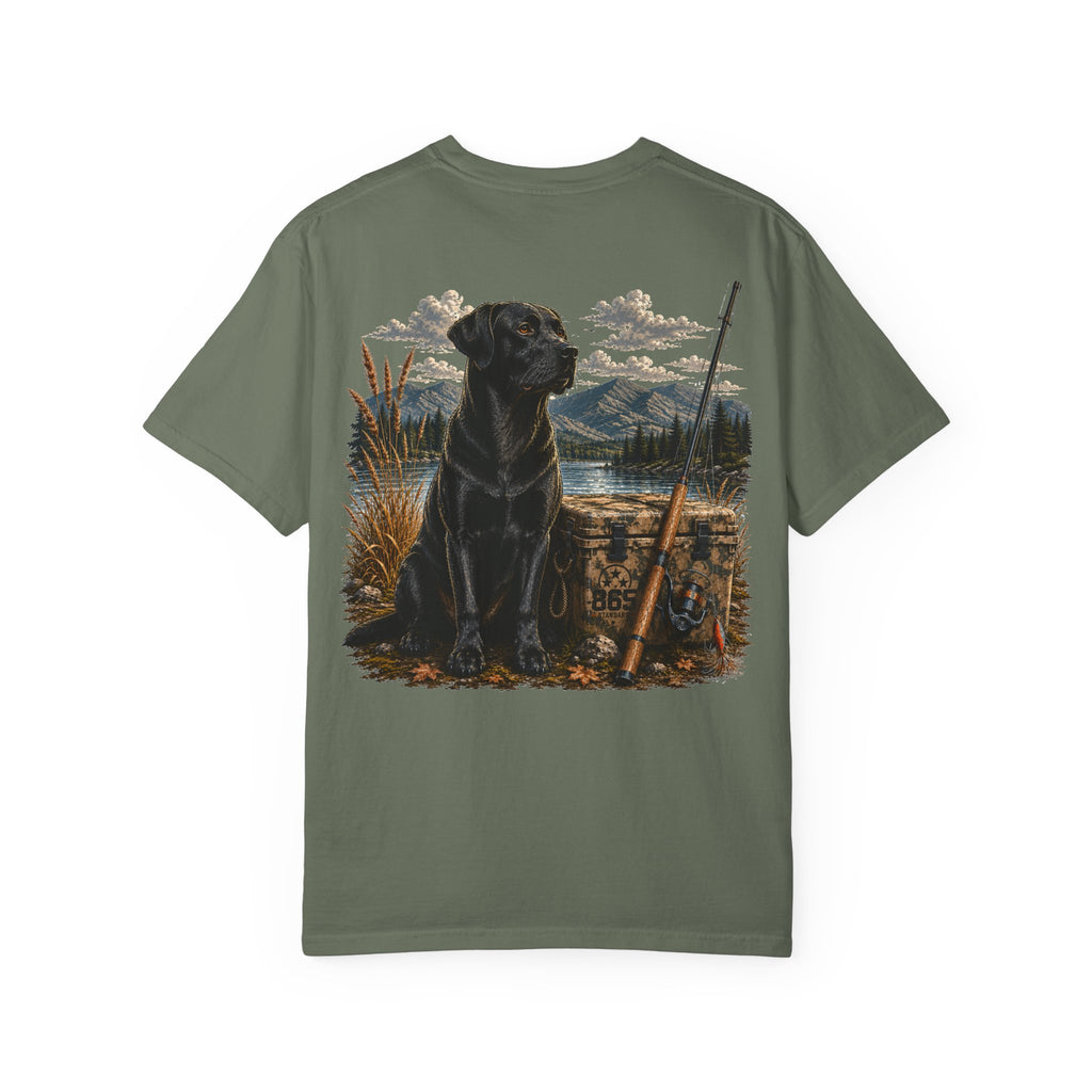 Black Lab Hunting T-Shirt — Retriever Dog & Rifle Outdoors Graphic