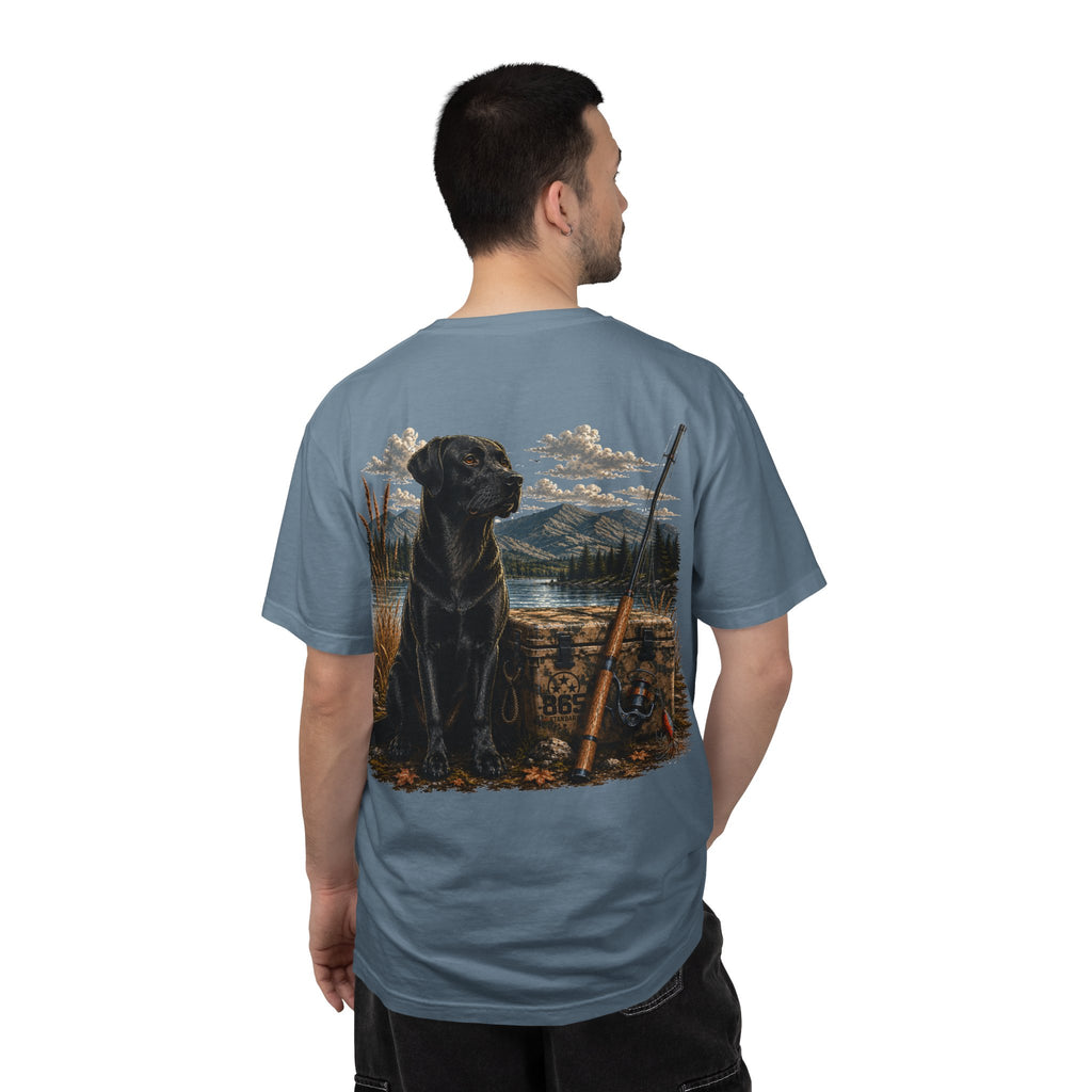 Black Lab Hunting T-Shirt — Retriever Dog & Rifle Outdoors Graphic