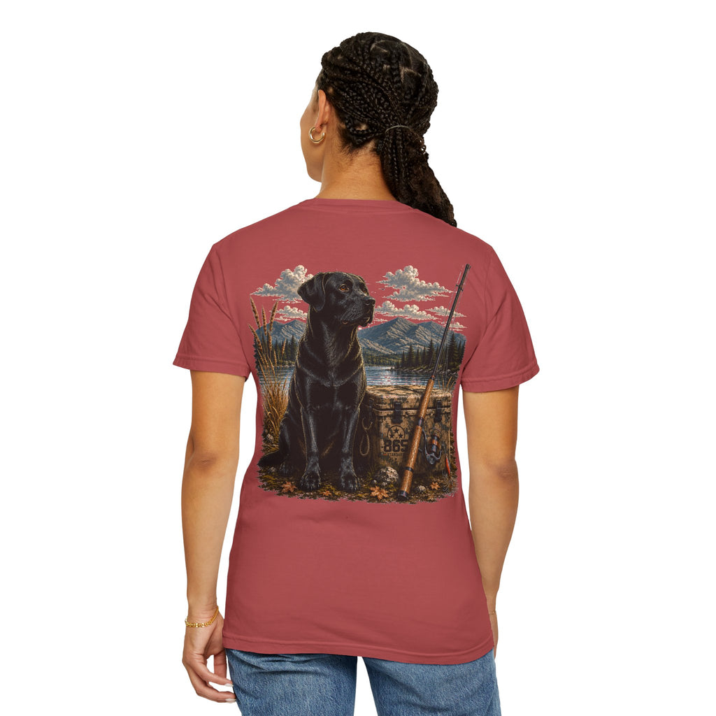Black Lab Hunting T-Shirt — Retriever Dog & Rifle Outdoors Graphic