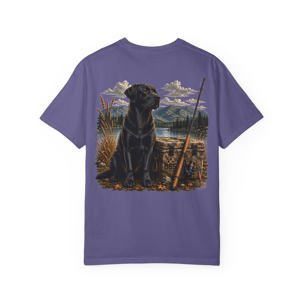 Black Lab Hunting T-Shirt — Retriever Dog & Rifle Outdoors Graphic