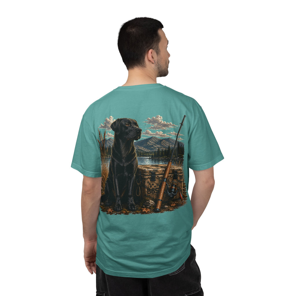 Black Lab Hunting T-Shirt — Retriever Dog & Rifle Outdoors Graphic