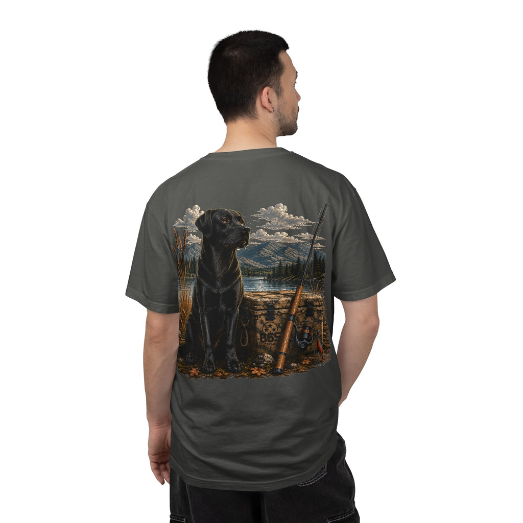 Black Lab Hunting T-Shirt — Retriever Dog & Rifle Outdoors Graphic