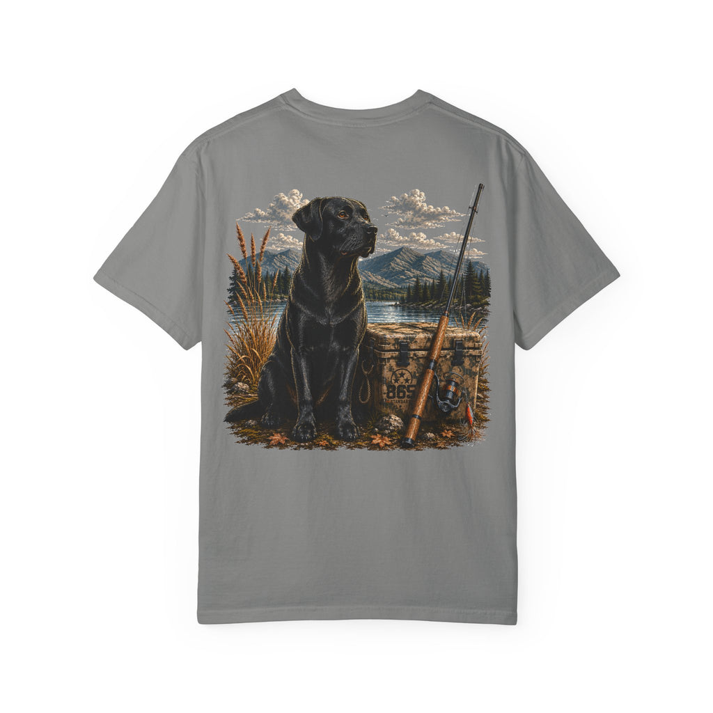 Black Lab Hunting T-Shirt — Retriever Dog & Rifle Outdoors Graphic